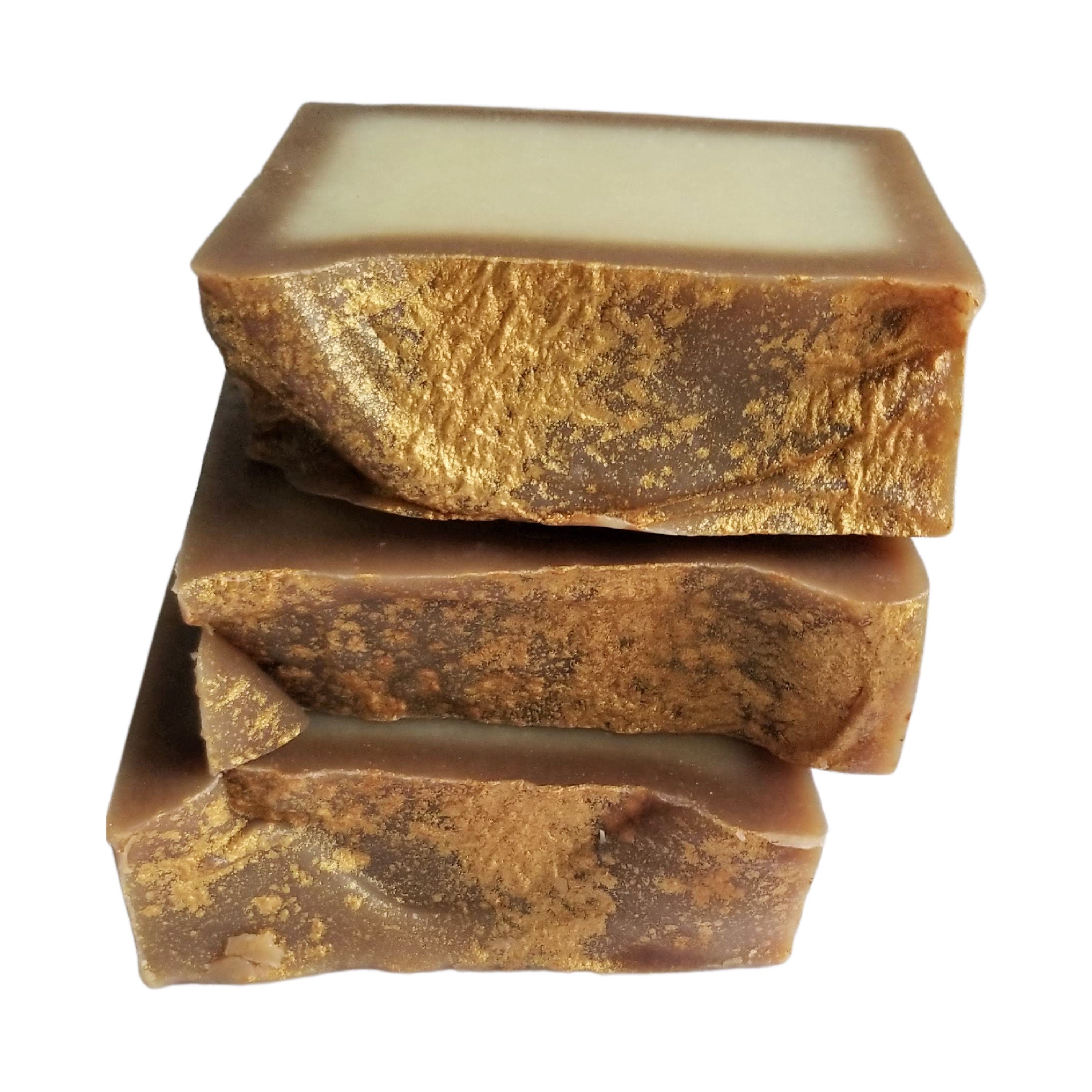 Vanilla Colada Handmade Soap with rich brown color and golden tones, beautifully wrapped and labeled.