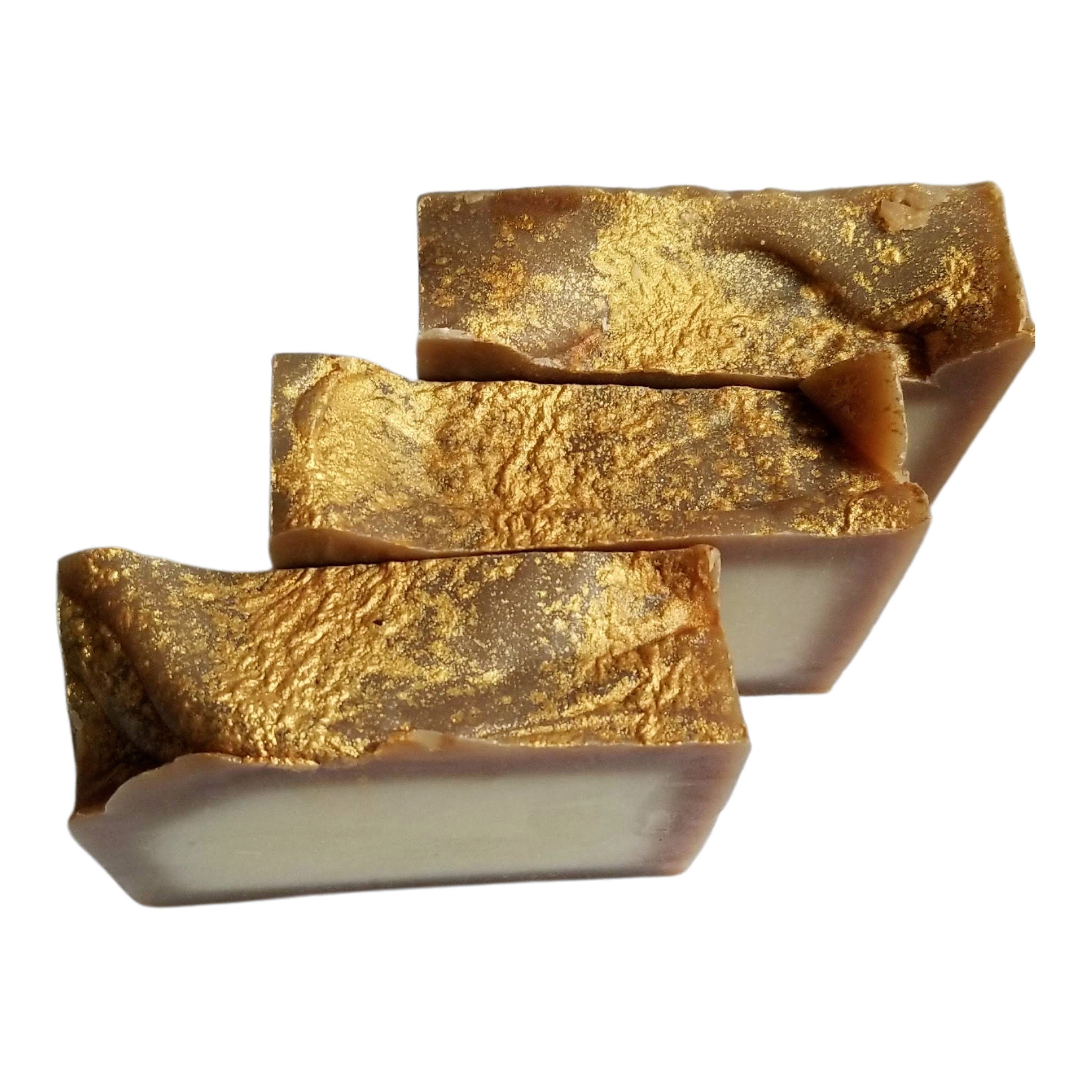 Vanilla Colada Handmade Soap with rich brown color and golden tones, beautifully wrapped and labeled.