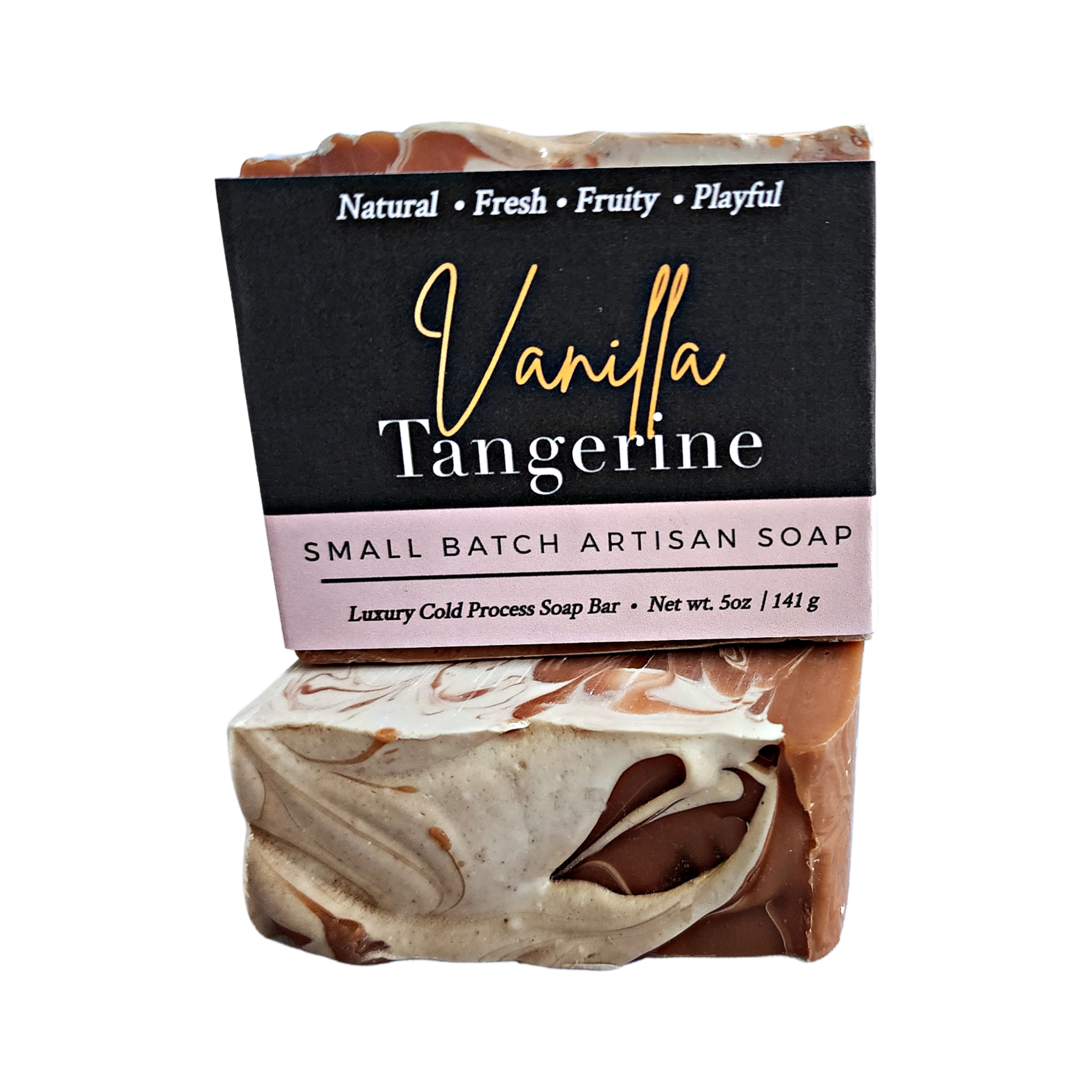 A vibrant bar of Vanilla Tangerine Soap showcasing its rich colors and textures, perfect for a refreshing shower experience.