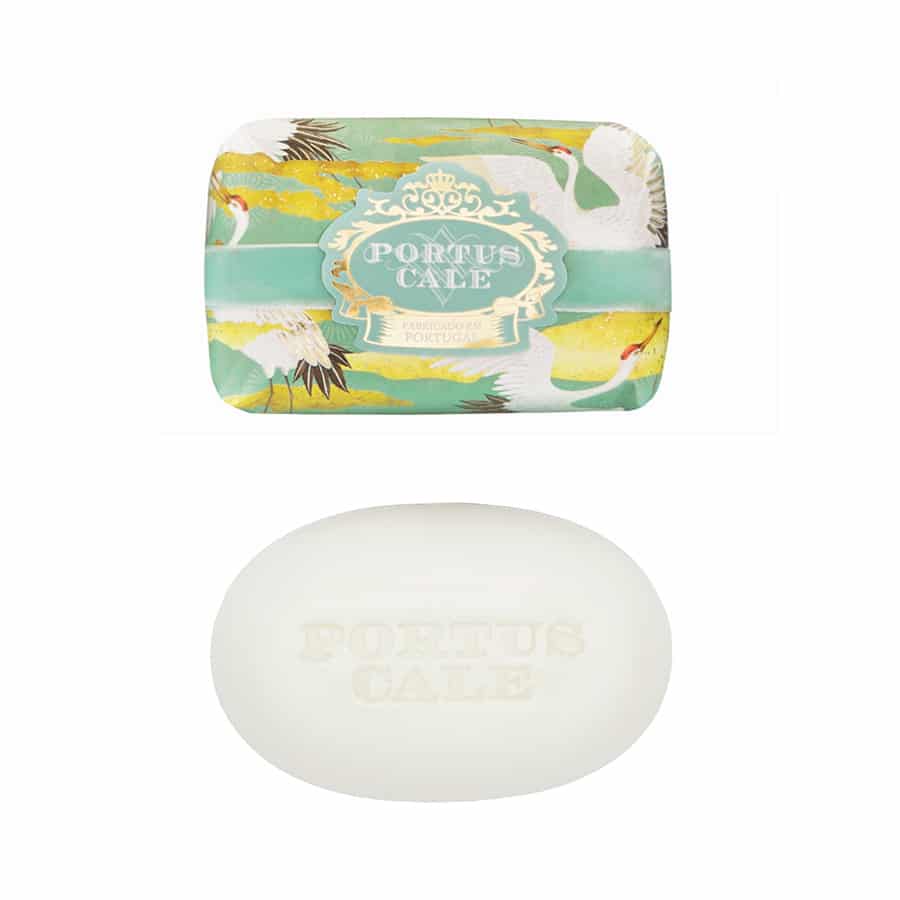 White Crane Soap 150g wrapped in elegant paper with heron designs and gold leaf, tied with a plush velvet ribbon.