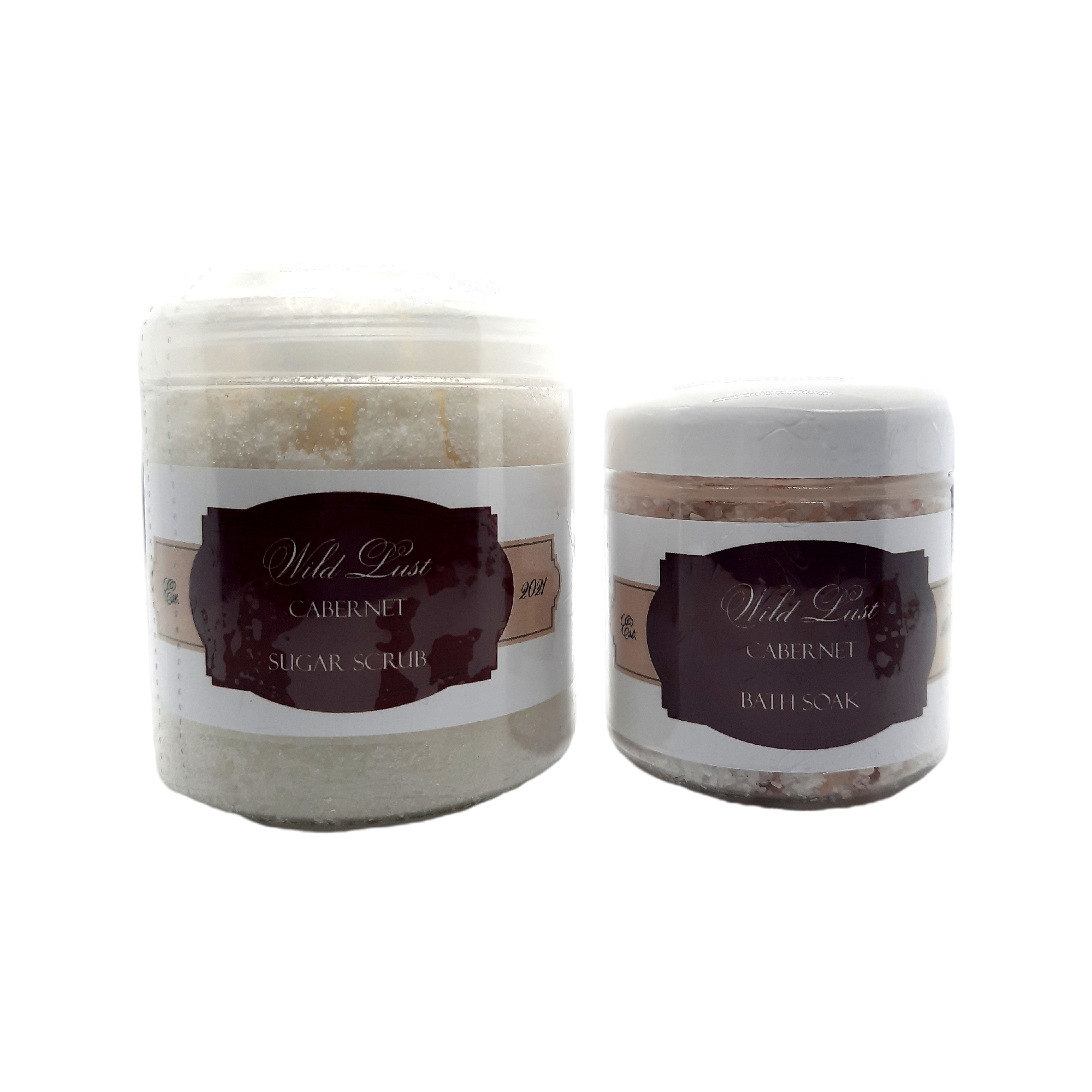 Wild Lust Cabernet Scrub & Bath Soak Bundle featuring organic ingredients and elegant packaging.