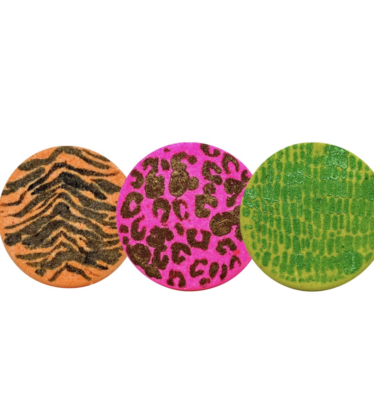 Wild Thang Animal Print Bath Bomb Set featuring three colorful bath bombs with animal prints, each in unique scents.