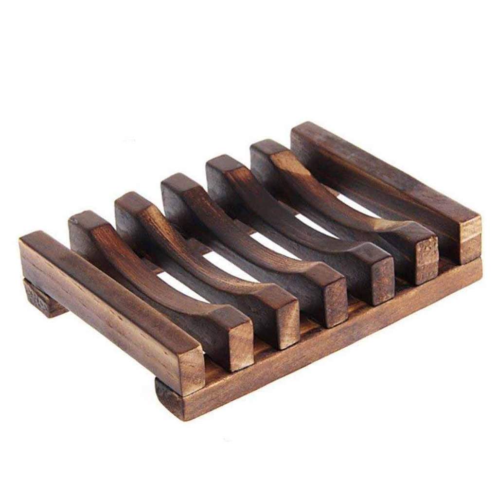 Handmade Buck Ridge wooden soap dish in rich dark wood color, designed for optimal soap drainage and air circulation.