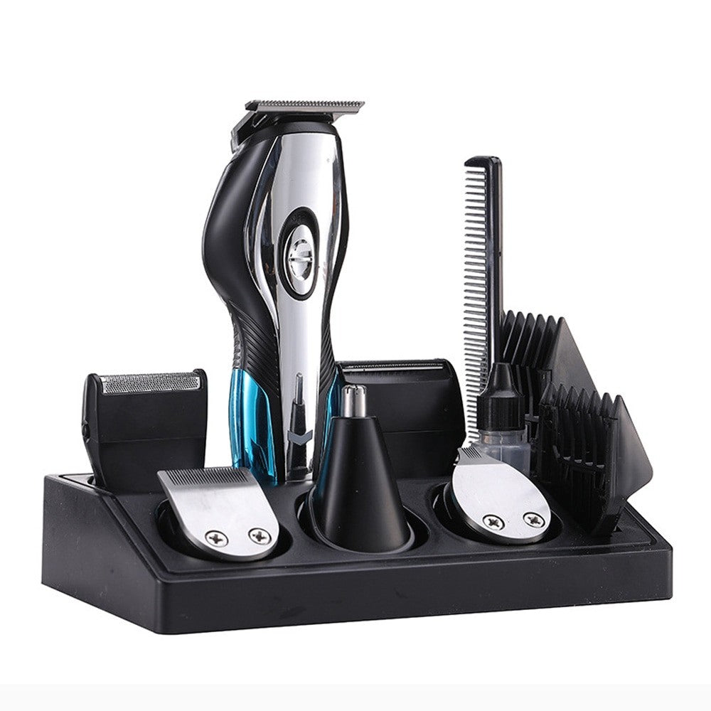 11 In 1 Electric Hair Clipper for Men with various attachments including a nose hair trimmer, USB charging cable, and cleaning brush.