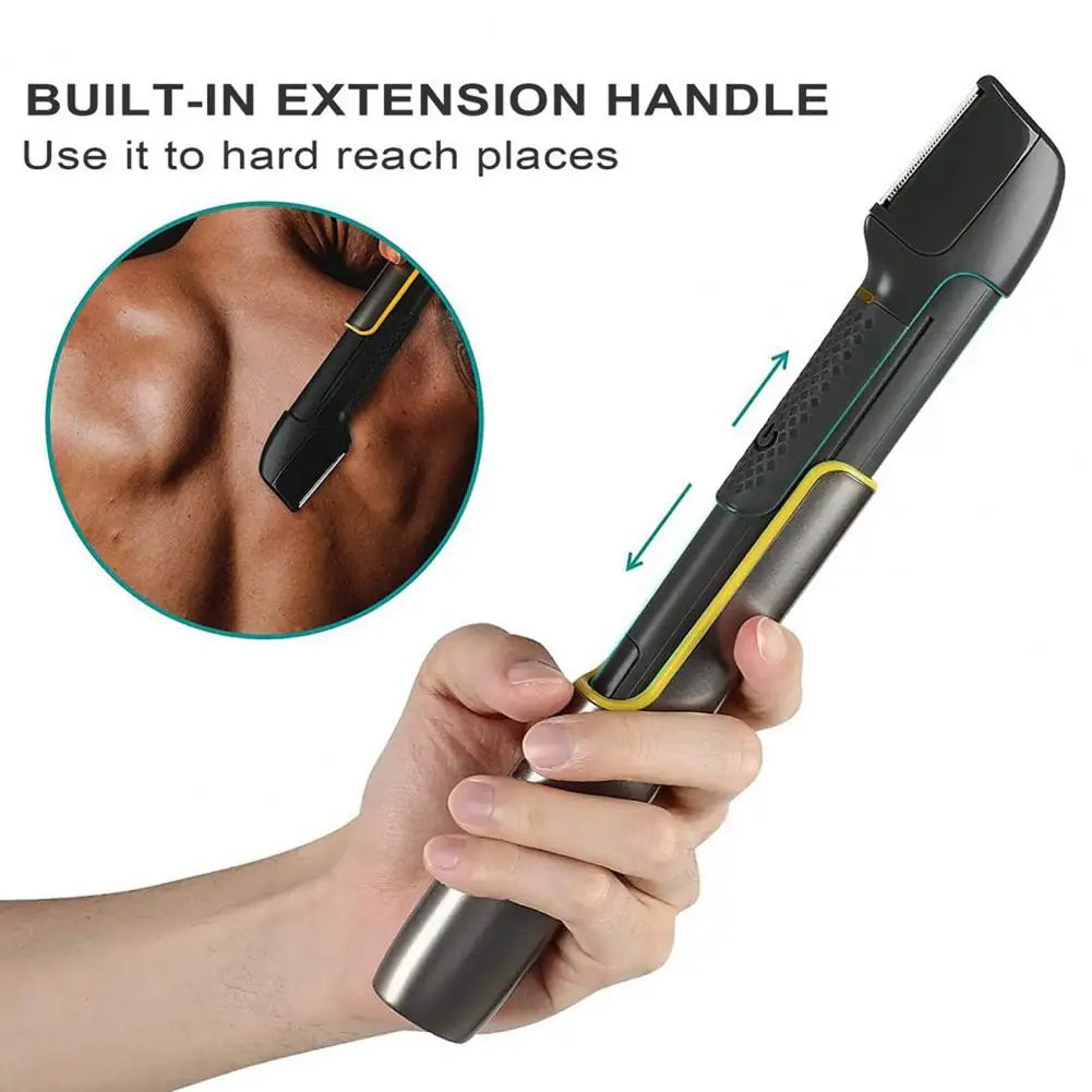 Electric back shaver with dual-head design and guide combs, ideal for body hair trimming for men and women.