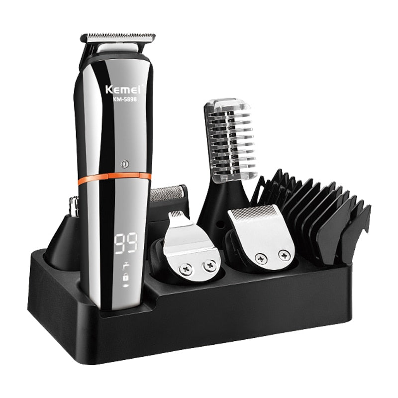 11in1 Multi Hair Trimmer for men with various attachments for facial, beard, and body grooming, showcasing its sleek design and professional titanium blades.