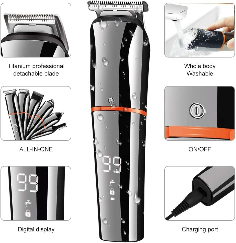 11in1 Multi Hair Trimmer for men with various attachments for facial, beard, and body grooming, showcasing its sleek design and professional titanium blades.