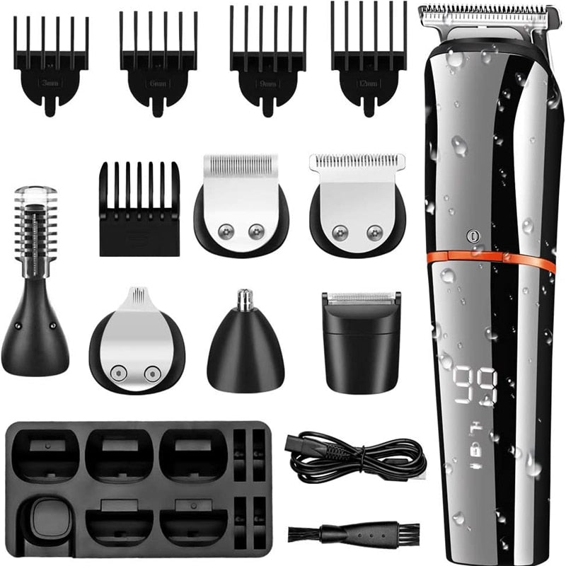 11in1 Multi Hair Trimmer for men with various attachments for facial, beard, and body grooming, showcasing its sleek design and professional titanium blades.