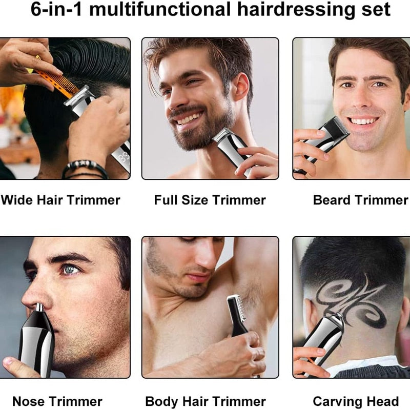 11in1 Multi Hair Trimmer for men with various attachments for facial, beard, and body grooming, showcasing its sleek design and professional titanium blades.