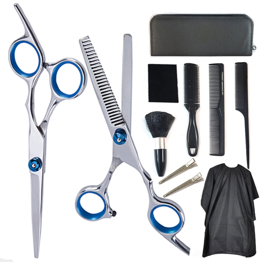 11-piece professional hairdressing scissors set including flat and thinning scissors, designed for durability and ergonomic comfort.