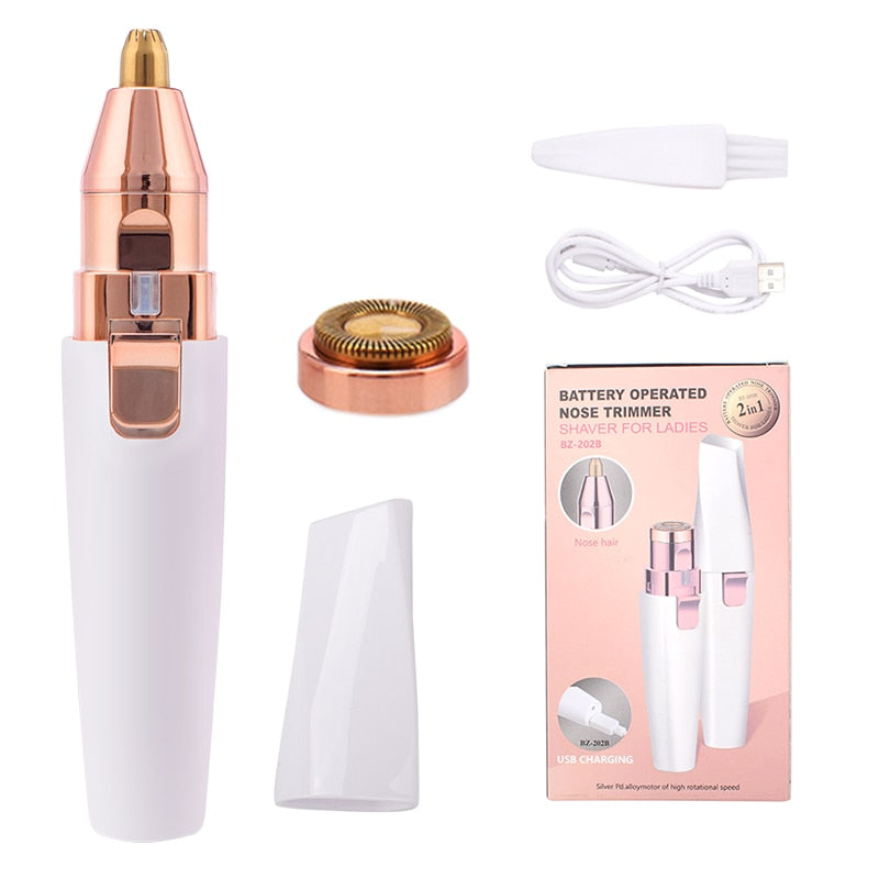 2 In 1 Electric Eyebrow Trimmer with USB charging and LED light, designed for women's hair removal needs.