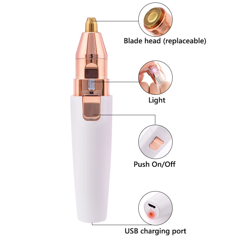 2 In 1 Electric Eyebrow Trimmer with USB charging and LED light, designed for women's hair removal needs.