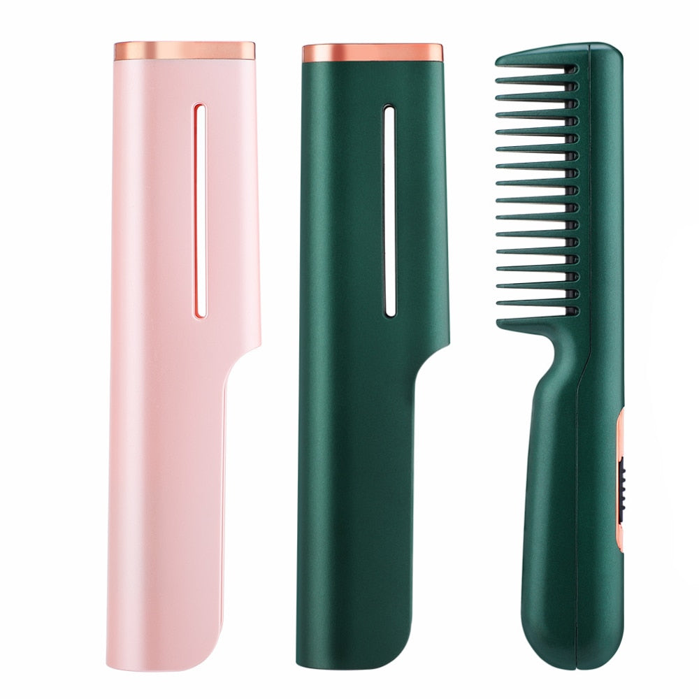 A sleek 2 In 1 Hair Straightener Fast Heat Hairdressing Comb in pink and green, showcasing its ergonomic design and safety features.