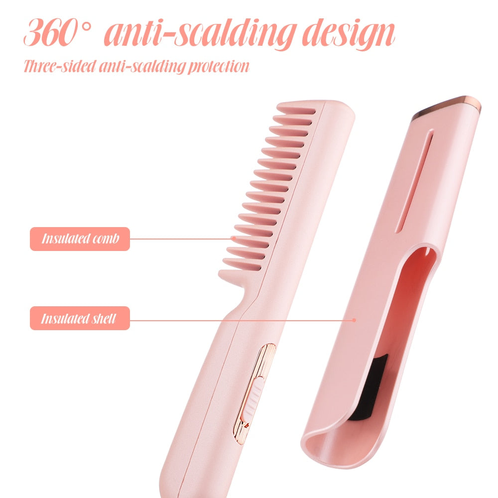 A sleek 2 In 1 Hair Straightener Fast Heat Hairdressing Comb in pink and green, showcasing its ergonomic design and safety features.