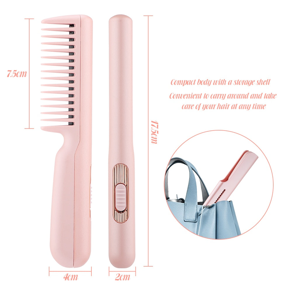 A sleek 2 In 1 Hair Straightener Fast Heat Hairdressing Comb in pink and green, showcasing its ergonomic design and safety features.