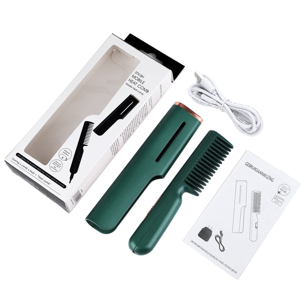 A sleek 2 In 1 Hair Straightener Fast Heat Hairdressing Comb in pink and green, showcasing its ergonomic design and safety features.