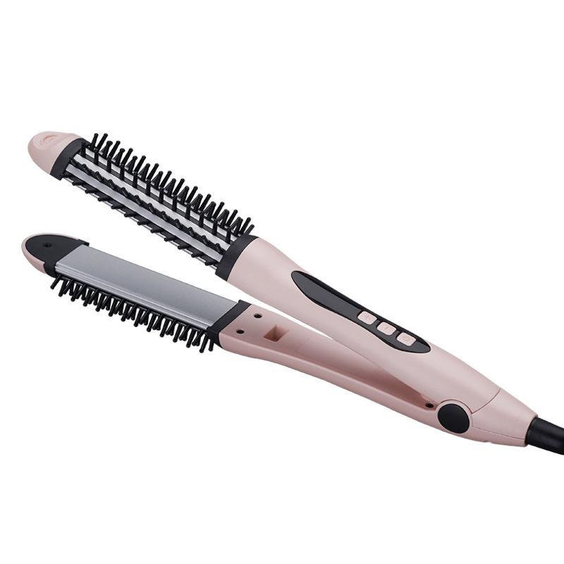 A sleek 2 in 1 hair straightener with an integrated comb, designed for easy styling and featuring a ceramic heating element.