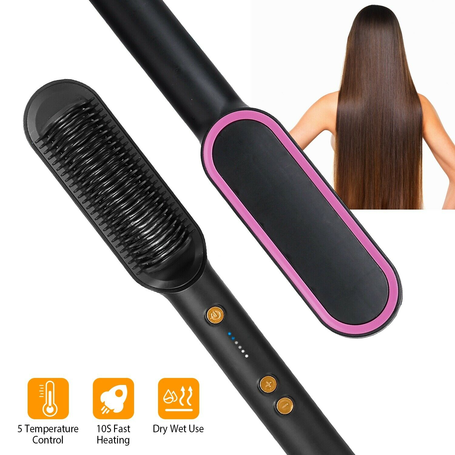 2-in-1 Electric Hair Straightener Brush in black, featuring a sleek design and adjustable heat settings for efficient hair styling.