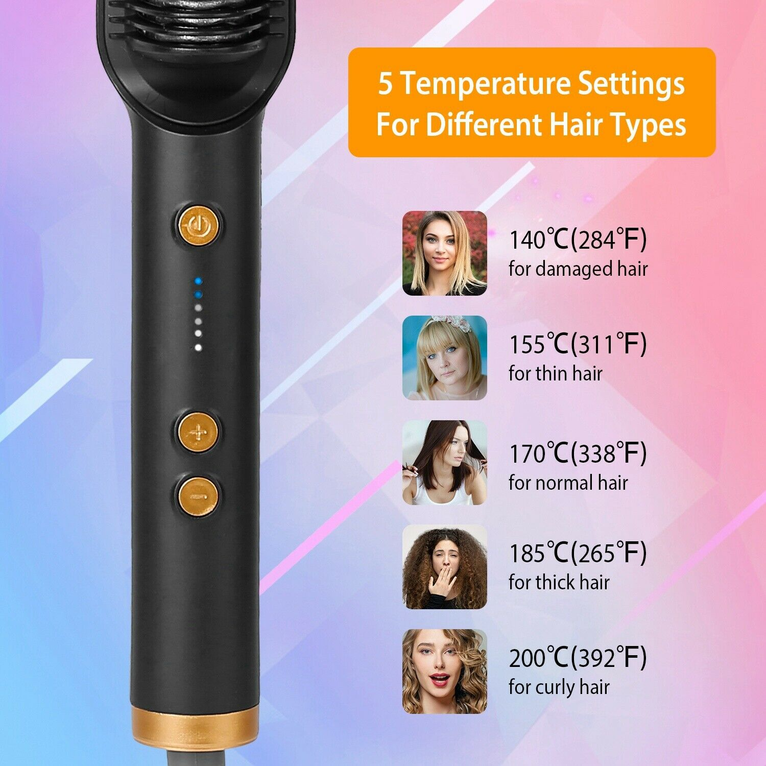 2-in-1 Electric Hair Straightener Brush in black, featuring a sleek design and adjustable heat settings for efficient hair styling.