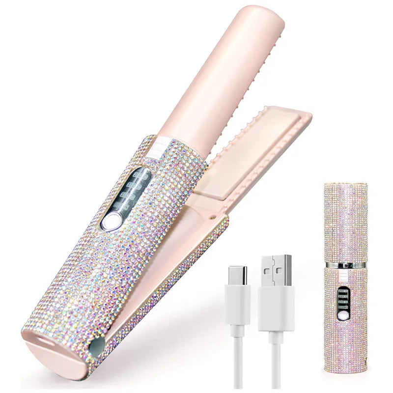 A pink 2-In-1 Electric USB Hair Straightener Multifunctional Comb, showcasing its sleek design and compact size, ideal for travel and quick styling.