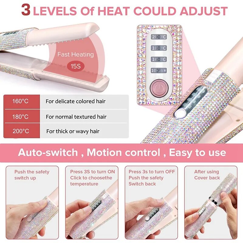 A pink 2-In-1 Electric USB Hair Straightener Multifunctional Comb, showcasing its sleek design and compact size, ideal for travel and quick styling.