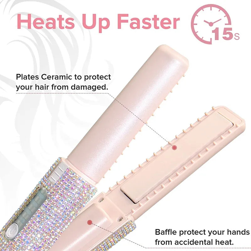 A pink 2-In-1 Electric USB Hair Straightener Multifunctional Comb, showcasing its sleek design and compact size, ideal for travel and quick styling.