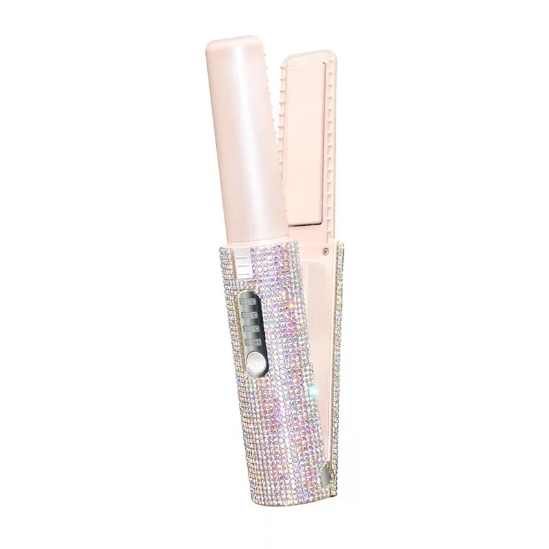 A pink 2-In-1 Electric USB Hair Straightener Multifunctional Comb, showcasing its sleek design and compact size, ideal for travel and quick styling.