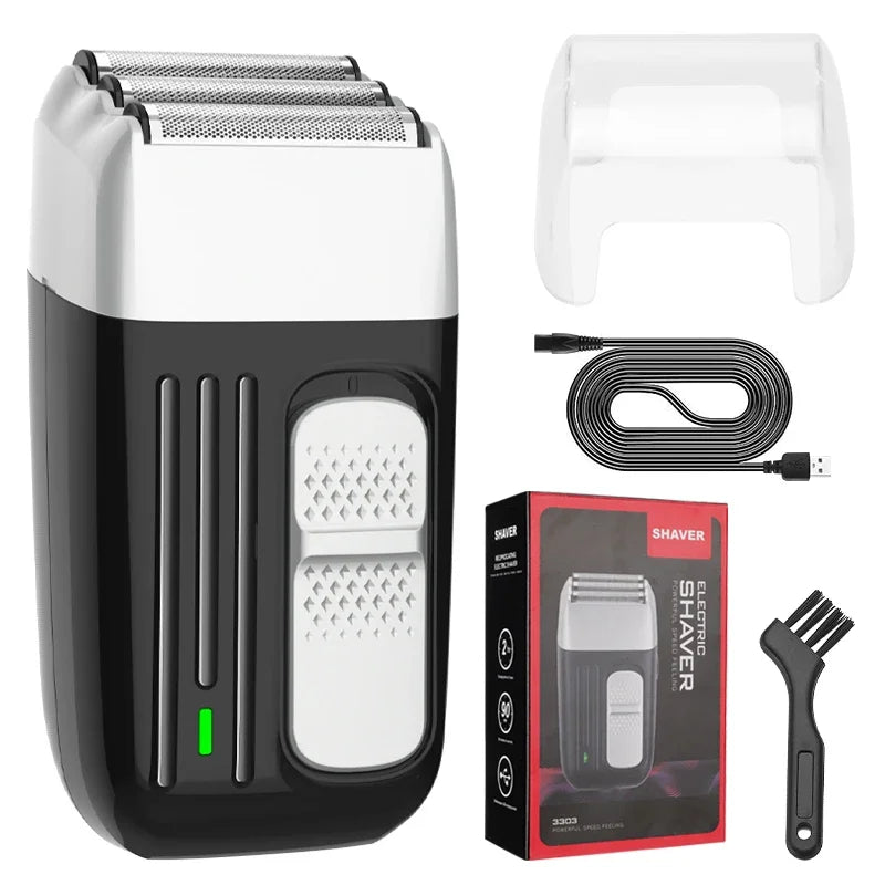 3 Blades Electric Shaver for Barber Men, showcasing its sleek design and three flexible blades for a smooth shave.