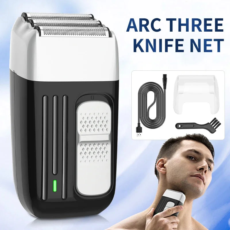 3 Blades Electric Shaver for Barber Men, showcasing its sleek design and three flexible blades for a smooth shave.