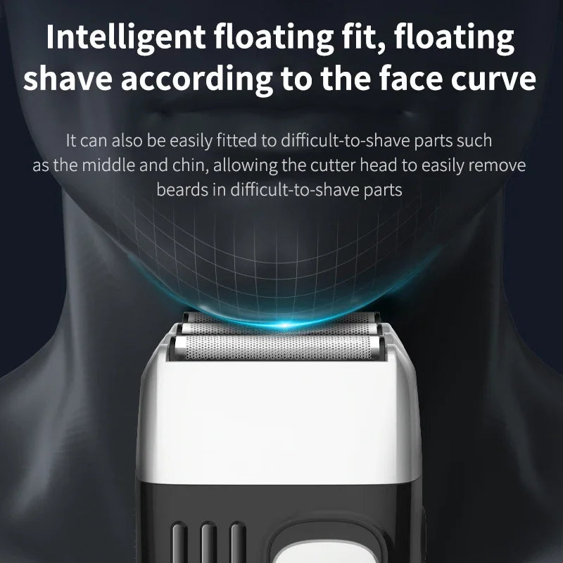 3 Blades Electric Shaver for Barber Men, showcasing its sleek design and three flexible blades for a smooth shave.