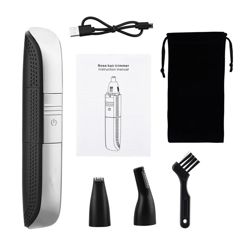 3 In 1 Electric Hair Beard Nose Eyebrow Trimmer with USB charging and LED light, showcasing its compact design and multiple trimming heads.