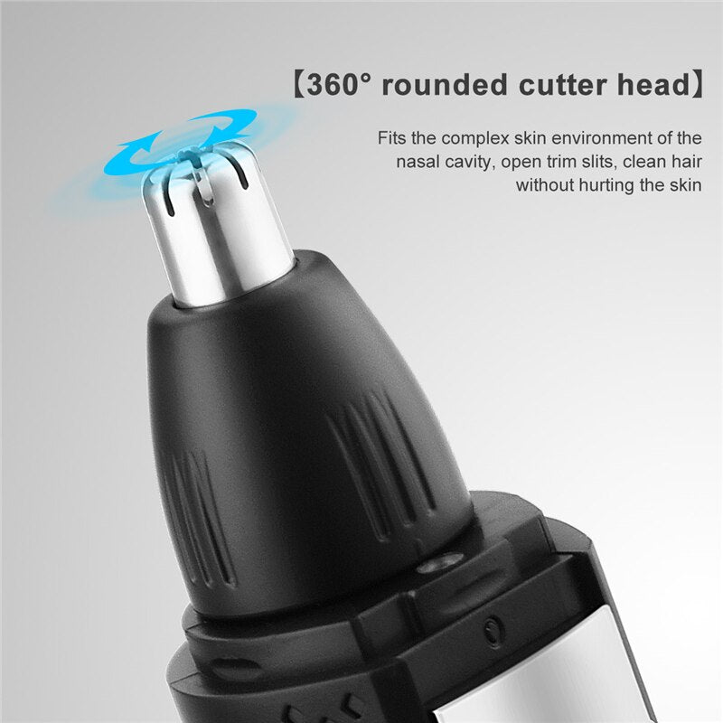 3 In 1 Electric Hair Beard Nose Eyebrow Trimmer with USB charging and LED light, showcasing its compact design and multiple trimming heads.