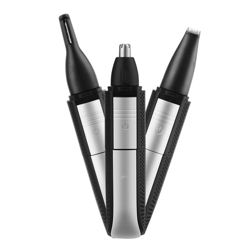 3 In 1 Electric Hair Beard Nose Eyebrow Trimmer with USB charging and LED light, showcasing its compact design and multiple trimming heads.