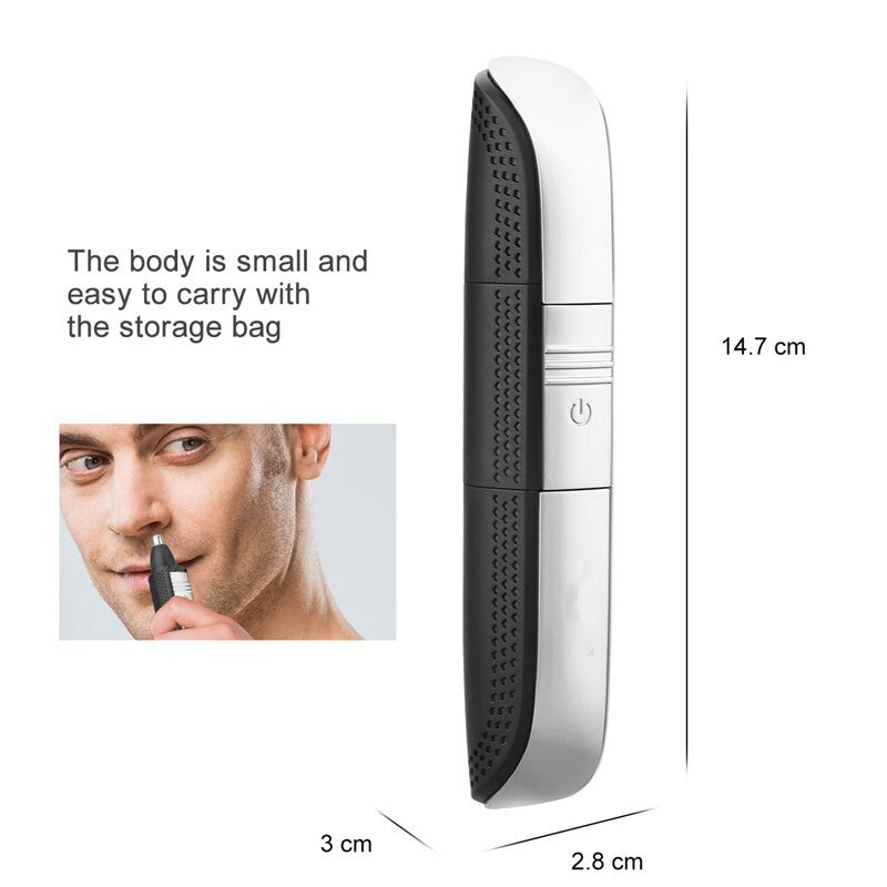 3 In 1 Electric Hair Beard Nose Eyebrow Trimmer with USB charging and LED light, showcasing its compact design and multiple trimming heads.