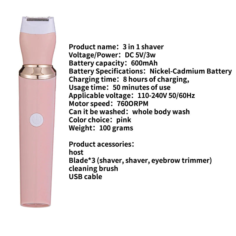 3 in 1 Electric Hair Remover in pink color, showcasing its sleek design and multiple attachments including shaver and eyebrow trimmer.