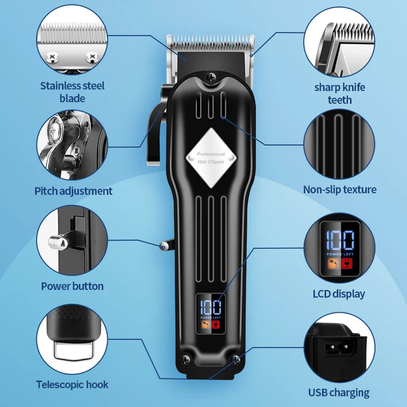 3 in 1 Professional Electric Hair Clipper and Shaver Set featuring precision steel blades and multiple accessories for versatile grooming.