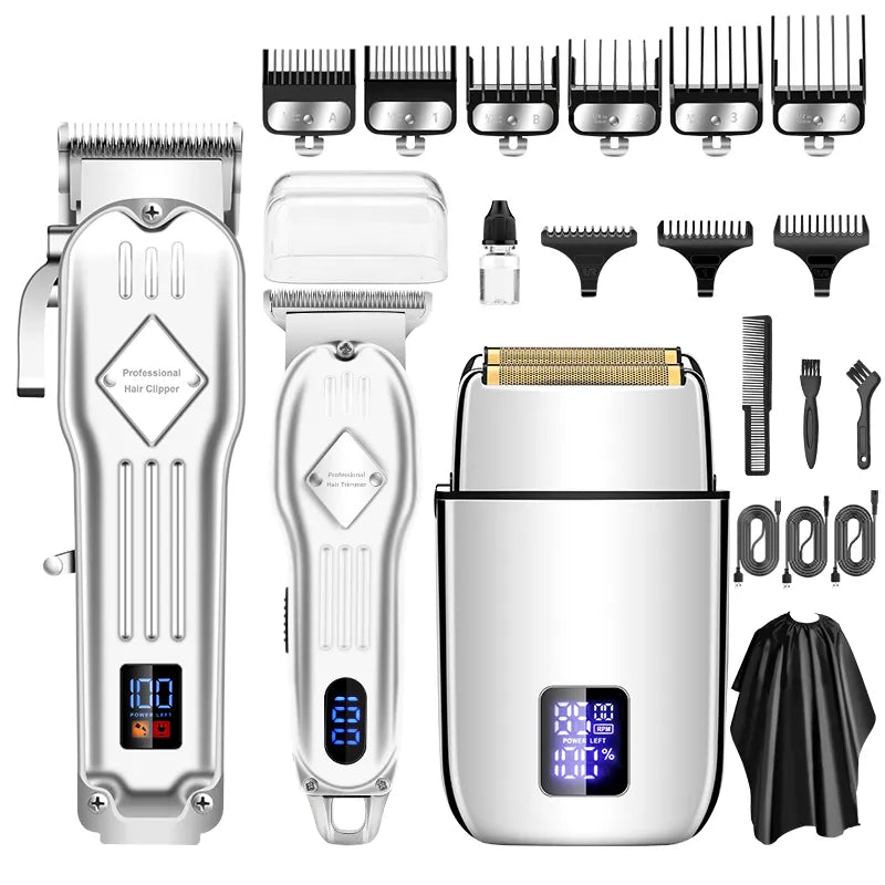 3 in 1 Professional Electric Hair Clipper and Shaver Set featuring precision steel blades and multiple accessories for versatile grooming.