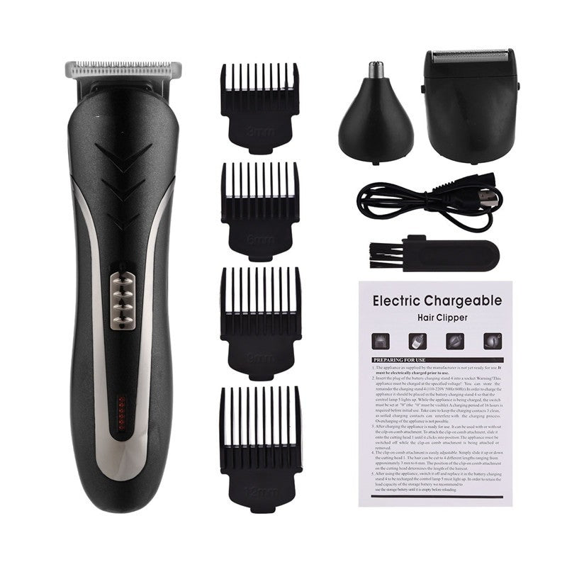 3 In 1 Professional Hair Trimmer featuring a hair clipper, shaver, and nose hair trimmer with limit combs and USB charging capability.