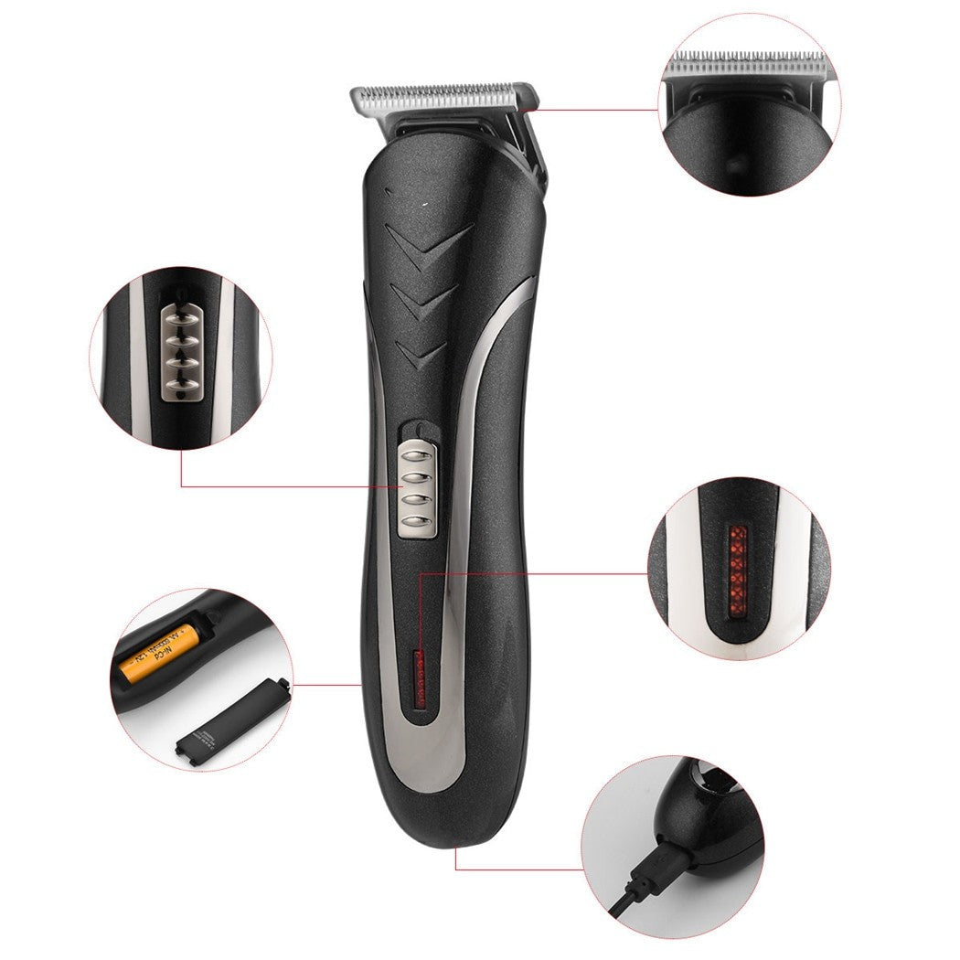 3 In 1 Professional Hair Trimmer featuring a hair clipper, shaver, and nose hair trimmer with limit combs and USB charging capability.