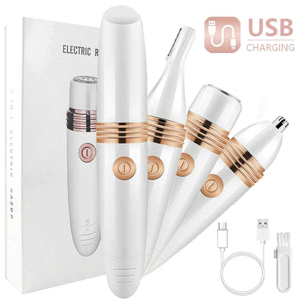 3 IN 1 Rechargeable Electric Eyebrow Trimmer with USB charging, waterproof design, and multiple attachments for precise hair removal.