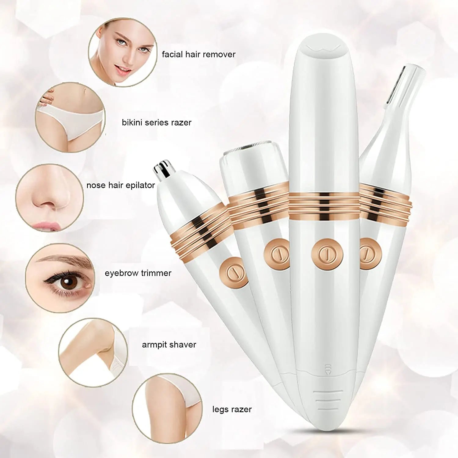 3 IN 1 Rechargeable Electric Eyebrow Trimmer with USB charging, waterproof design, and multiple attachments for precise hair removal.