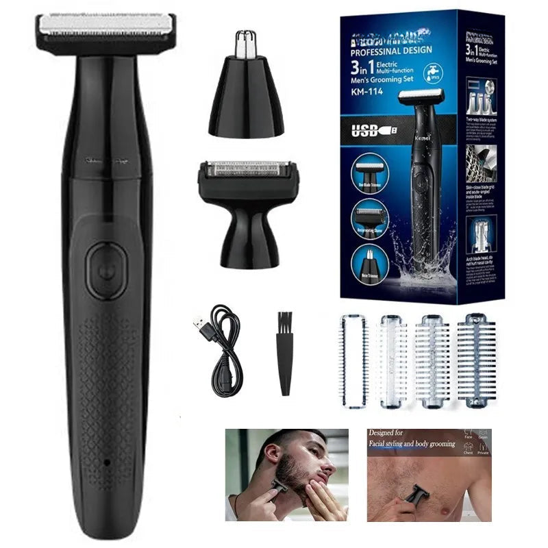 3 in 1 Electric Shaver for Men featuring stainless steel blades, ergonomic design, and multiple grooming attachments for versatile use.