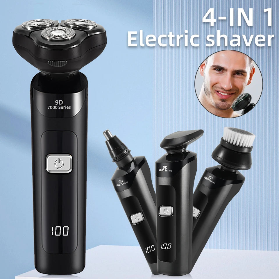 3D 4 in 1 Electric Shaver for Men with multiple attachments including trimmer and cleaning brush, showcasing its sleek design and LED display.