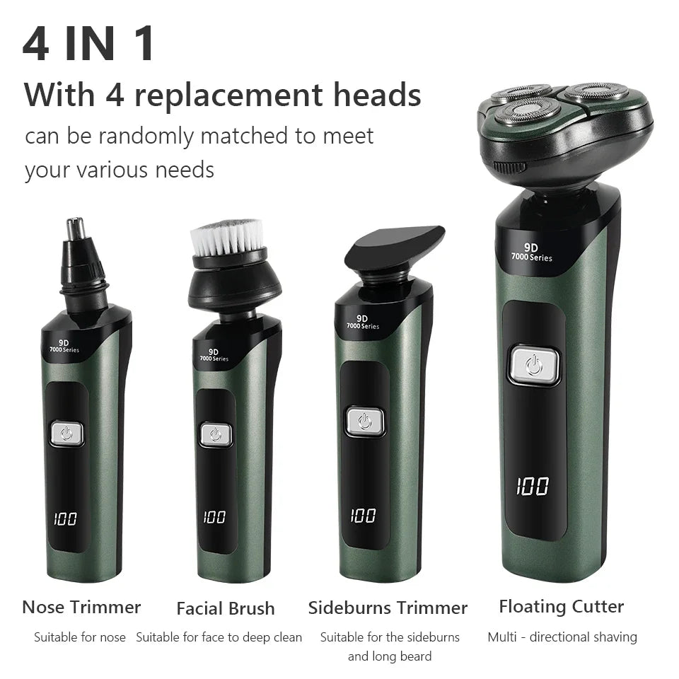 3D 4 in 1 Electric Shaver for Men with multiple attachments including trimmer and cleaning brush, showcasing its sleek design and LED display.