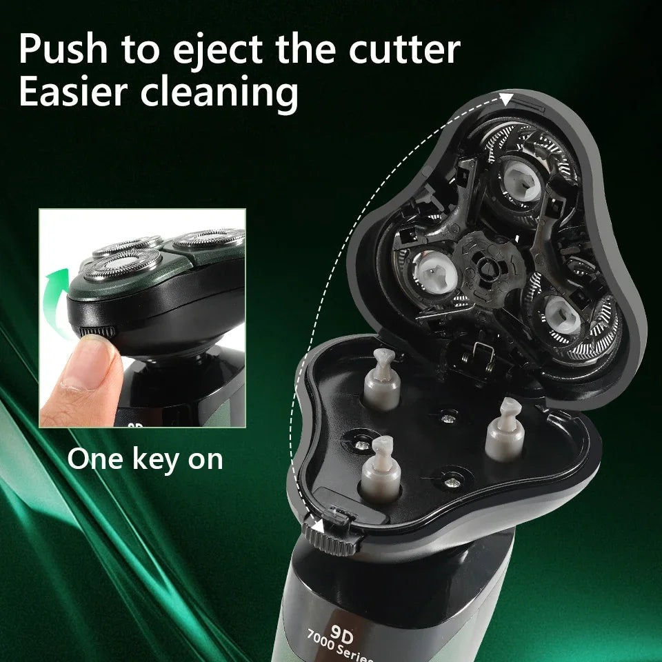 3D 4 in 1 Electric Shaver for Men with multiple attachments including trimmer and cleaning brush, showcasing its sleek design and LED display.