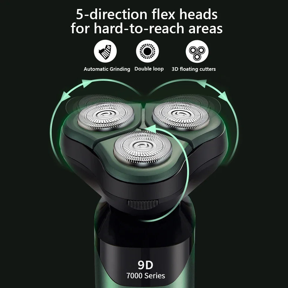 3D 4 in 1 Electric Shaver for Men with multiple attachments including trimmer and cleaning brush, showcasing its sleek design and LED display.