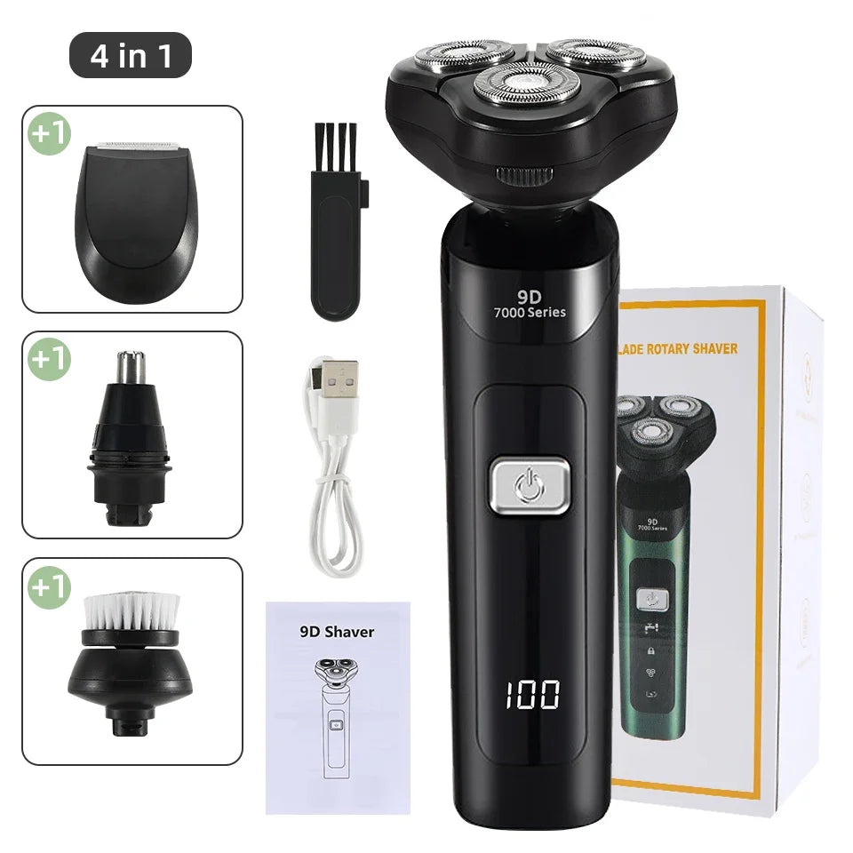 3D 4 in 1 Electric Shaver for Men with multiple attachments including trimmer and cleaning brush, showcasing its sleek design and LED display.