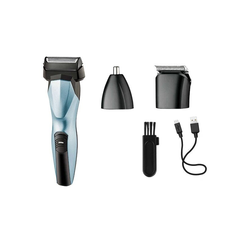 3-in-1 Multifunctional Men Electric Reciprocating Shaver with attachments for hair clipping, nose trimming, and beard shaving.