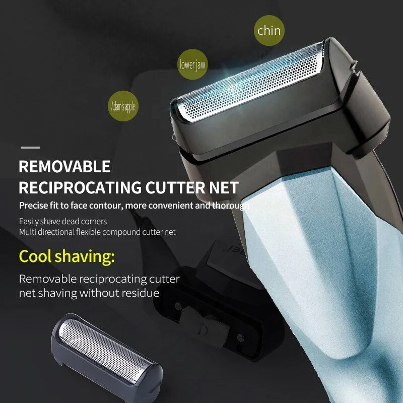 3-in-1 Multifunctional Men Electric Reciprocating Shaver with attachments for hair clipping, nose trimming, and beard shaving.