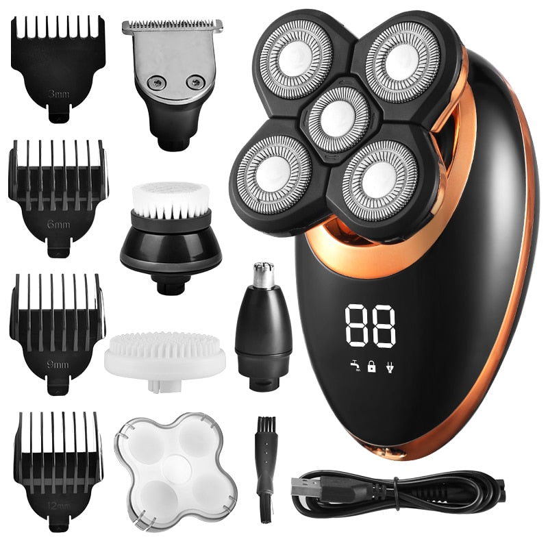 3In1 Professional Electric Shaver with multiple attachments including trimmer heads and cleaning brushes, showcasing its versatility and design.